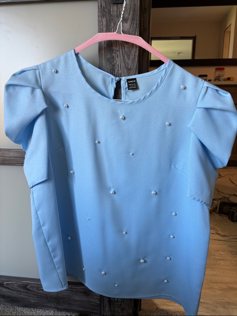 SHEIN Light Blue Pearl-Embellished Puff Sleeve Blouse